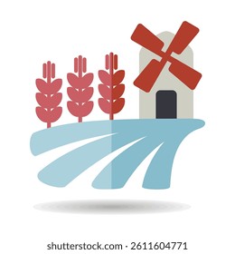 Field with a windmill and ears of wheat icon. Agriculture sign. Graph symbol for your web site design, logo, app, UI. Vector illustration, EPS10.
