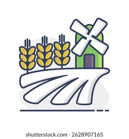 Field with a windmill and ears of wheat icon. Agriculture sign. Graph symbol for your web site design, logo, app, UI. Vector illustration, EPS10.