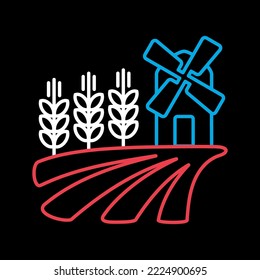 Field with a windmill and ears of wheat isolated on black background icon. Agriculture sign. Graph symbol for web site design, logo, app, UI. Vector illustration, EPS10.