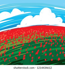 field without red poppies against a blue sky with white clouds. Clear day