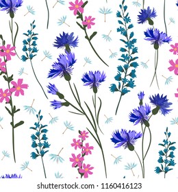 Field-flowers, leaves and herbals vector seamless pattern.