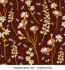 Field-flowers, leaves and herbals vector seamless pattern. Brown