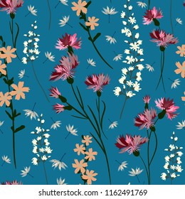 Field-flowers, leaves and herbals vector seamless pattern. Blue