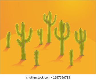 Fields of catuses - Arizona dream - group of cactus against the background of an orange sunset - vectors