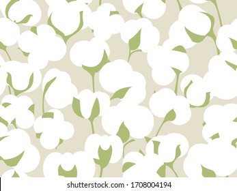 Fields of Cotton flowers, vector illustrations of plants. Growing organic agricultural products. Eco-friendly production. Cotton flowers with green leaves on a beige neutral background.