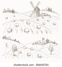 Fields. Hand drawn. Rural landscape with field. Vector Illustration
