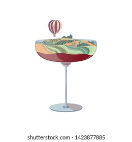 Fields in the hills inside the glass. Vector illustration on white background.