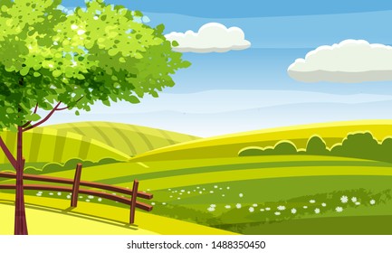 Fields And Hills Rural Landscape. Cartoon Countryside Valley With Green Hills Trees Flowers Blue Sky And Curly Clouds. Vector Nature Horizon Pasture View Isolated Background