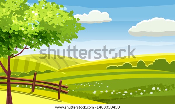 Fields and hills\
rural landscape. Cartoon countryside valley with green hills trees\
flowers blue sky and curly clouds. Vector nature horizon pasture\
view isolated\
background