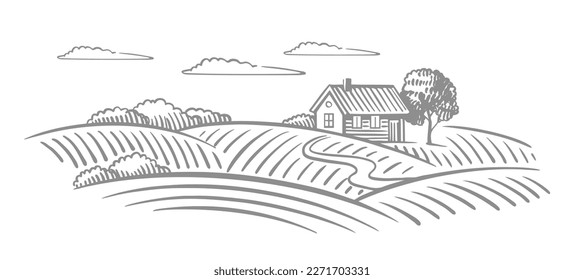 Fields and house in