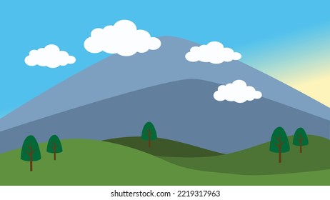 Fields landscape mountains sunrise green hills blue sky. Vector illustration.
