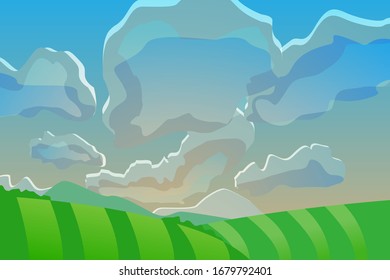 Fields landscape vector panoramic background. Countryside nature cloudscape vector backdrop wallpaper, nature concept.