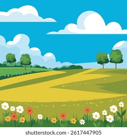 Fields and meadows, trees and clouds. Beautiful summer landscape. Vector illustration.