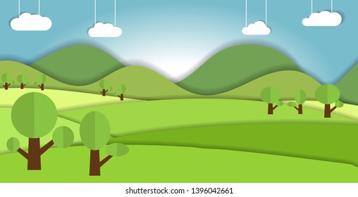 Fields and mountain are landscape in flat design for banner, template, background - vector illustration Eps 10.