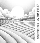 Fields rolling hills and mountains farm landscape background illustration with countryside mountains, sunrise sun, clouds and trees. Original rural background drawing in vintage pointillism dot style