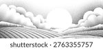 Fields rolling hills and mountains farm landscape background illustration with countryside mountains, sunrise sun, clouds and trees. Original rural background drawing in vintage pointillism dot style