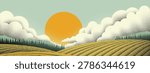 Fields rolling hills and mountains farm landscape background illustration with countryside mountains, sunrise sun, clouds and trees. Original rural background drawing in vintage pointillism dot style