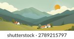 Fields rolling hills and mountains farm landscape background illustration with countryside mountains, sunrise sun, clouds and trees. Original rural background drawing in vintage pointillism dot style