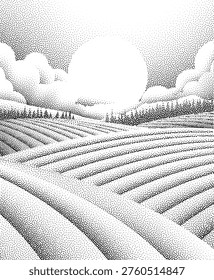 Fields rolling hills and mountains farm landscape background illustration with countryside mountains, sunrise sun, clouds and trees. Original rural background drawing in vintage pointillism dot style