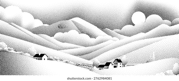 Fields rolling hills and mountains farm landscape background illustration with countryside mountains, sunrise sun, clouds and trees. Original rural background drawing in vintage pointillism dot style