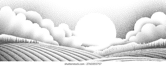 Fields rolling hills and mountains farm landscape background illustration with countryside mountains, sunrise sun, clouds and trees. Original rural background drawing in vintage pointillism dot style