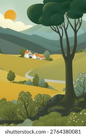 Fields rolling hills and mountains farm landscape background illustration with countryside mountains, sunrise sun, clouds and trees. Original rural background drawing in vintage pointillism dot style