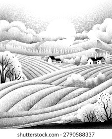 Fields rolling hills and mountains farm landscape background illustration with countryside mountains, sunrise sun, clouds and trees. Original rural background drawing in vintage pointillism dot style