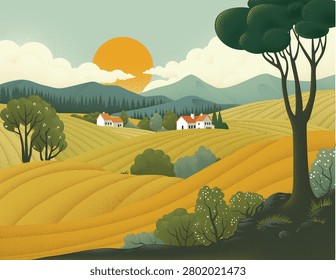 Fields rolling hills and mountains farm landscape background illustration with countryside mountains, sunrise sun, clouds and trees. Original rural background drawing in vintage pointillism dot style