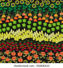 Fields Seamless Pattern. Different Agricultural Cultures in One Image. Cartoon farming landscape.