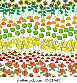 Fields Seamless Pattern. Different Agricultural Cultures in One Image. Cartoon farming landscape. White background
