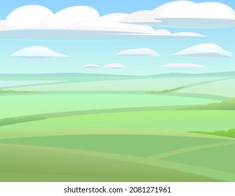 Fields and vegetable gardens hills. Rural landscape. Horizontal village nature illustration. Cute country hills. Flat style. Vector