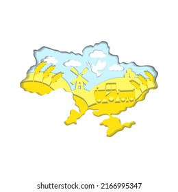Fields of wheat and a tractor in the contours of the map of Ukraine. Stand with Ukraine concept. Agricultural rural landscape. Paper cut style