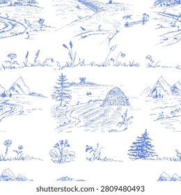 Fields, windmills, hayfields, mountains, blue toile de Jouy pattern for wallpaper and textiles.