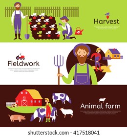 Fieldwork harvesting and livestock animals farm 3 flat horizontal banners in countryside colors abstract isolated vector illustration