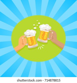 Fiends holding two glasses cheering each other on vector illustration in concept of Oktoberfest or Octoberfest festival on background with rays