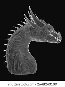 A fierce 3D wireframe dragon head with intricate scales, spread wings, and a long snout stands out against a black background. Its wide, alert eyes and slightly open mouth enhance its powerful and.
