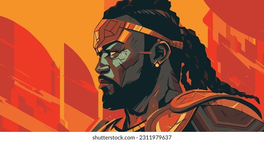 Fierce African Warrior Vector Illustration. Closeup of African god of Warin the style of Afrofuturism. Epic African War Lord portrait.