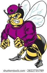 A fierce, aggressive muscular vector illustration of a hornet or yellowjacket mascot wearing a purple sweater and a backwards purple baseball cap, standing in a defensive pose with clenched fists and a grimace. Isolated on a white background.