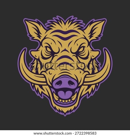 A fierce and aggressive wild boar head with sharp tusks and a menacing expression, rendered in a bold graphic style.