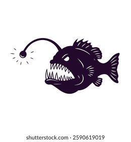 A fierce anglerfish silhouette illustration with sharp teeth and a glowing lure. Perfect for marine-themed designs, tattoos, and horror-inspired artworks.