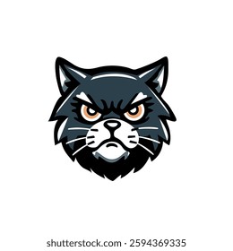 A fierce and angry black cat head logo in a modern vector style. The illustration features sharp, intense eyes and a bold, aggressive expression, making it perfect for sports team mascots, gaming avat