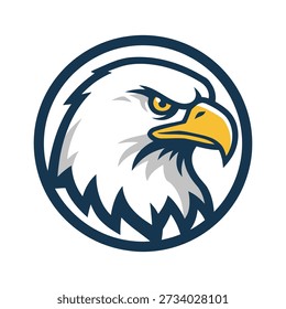 Fierce bald eagle head graphic emblem in dark blue and yellow vector