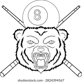 A fierce bear head with an open mouth and sharp teeth, crossed by two billiard cues and topped with an 8-ball.