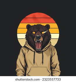 Fierce Bear in Hoodie on Retro Sunset Background