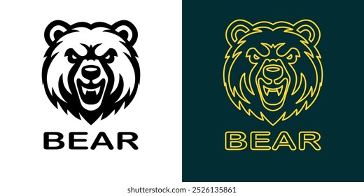 Fierce Bär Logo Design mit fetten Linien und einem aggressiven Ausdruck. Ideal für Sportmannschaften, Outdoor-Abenteuermarken oder Unternehmen, die ein starkes und kraftvolles Maskottchen-Symbol für ihre Identität suchen