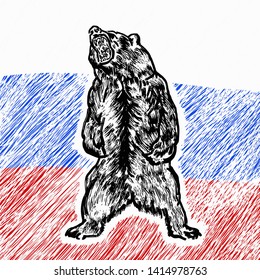 A fierce bear roaring over a Russian flag. Hand drawn vector illustration. 