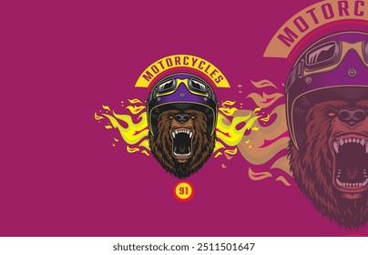 A fierce bear wearing a helmet with goggles, surrounded by flames, representing a bold motorcycle theme on a vibrant background.

