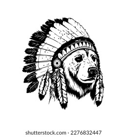 A fierce bear wearing an Indian chief's headgear in a Hand drawn line art illustration