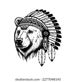 A fierce bear wearing an Indian chief's headgear in a Hand drawn line art illustration