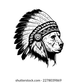 A fierce bear wearing an Indian chief's headgear in a Hand drawn line art illustration